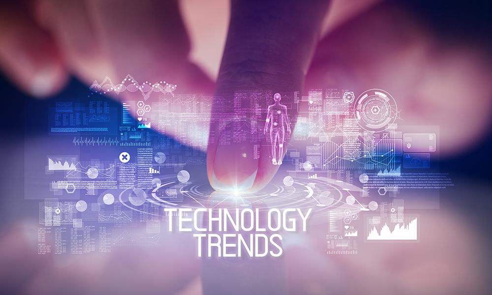 Technology trends illustration showing futuristic digital interface, data analytics, AI elements and a hand interacting with virtual tech icons